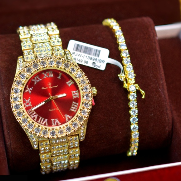 Other - Full Iced Out Red Dial Watch, Tennis Bracelet Set